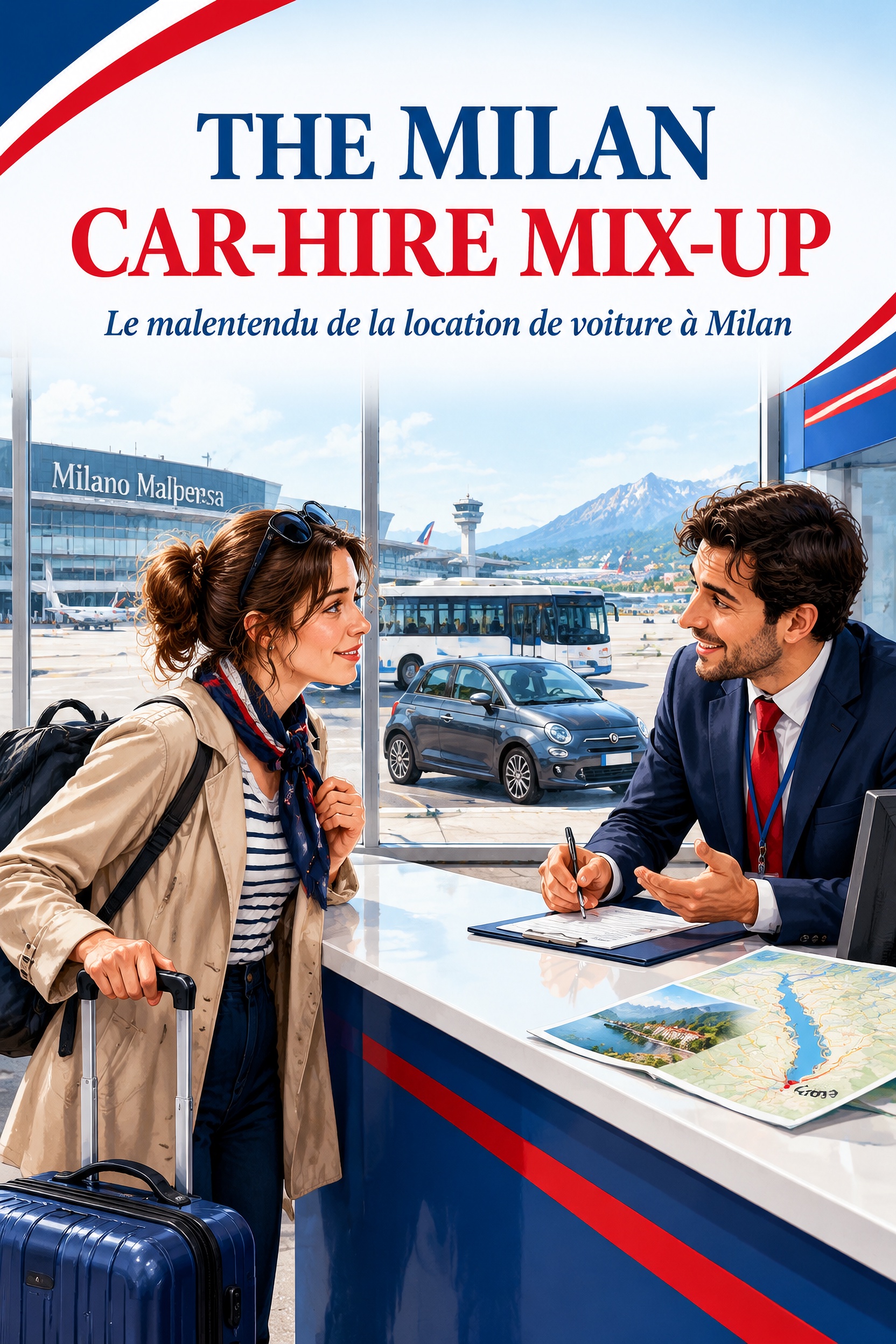 Camille talks with a car-hire representative after arriving at Milan airport.